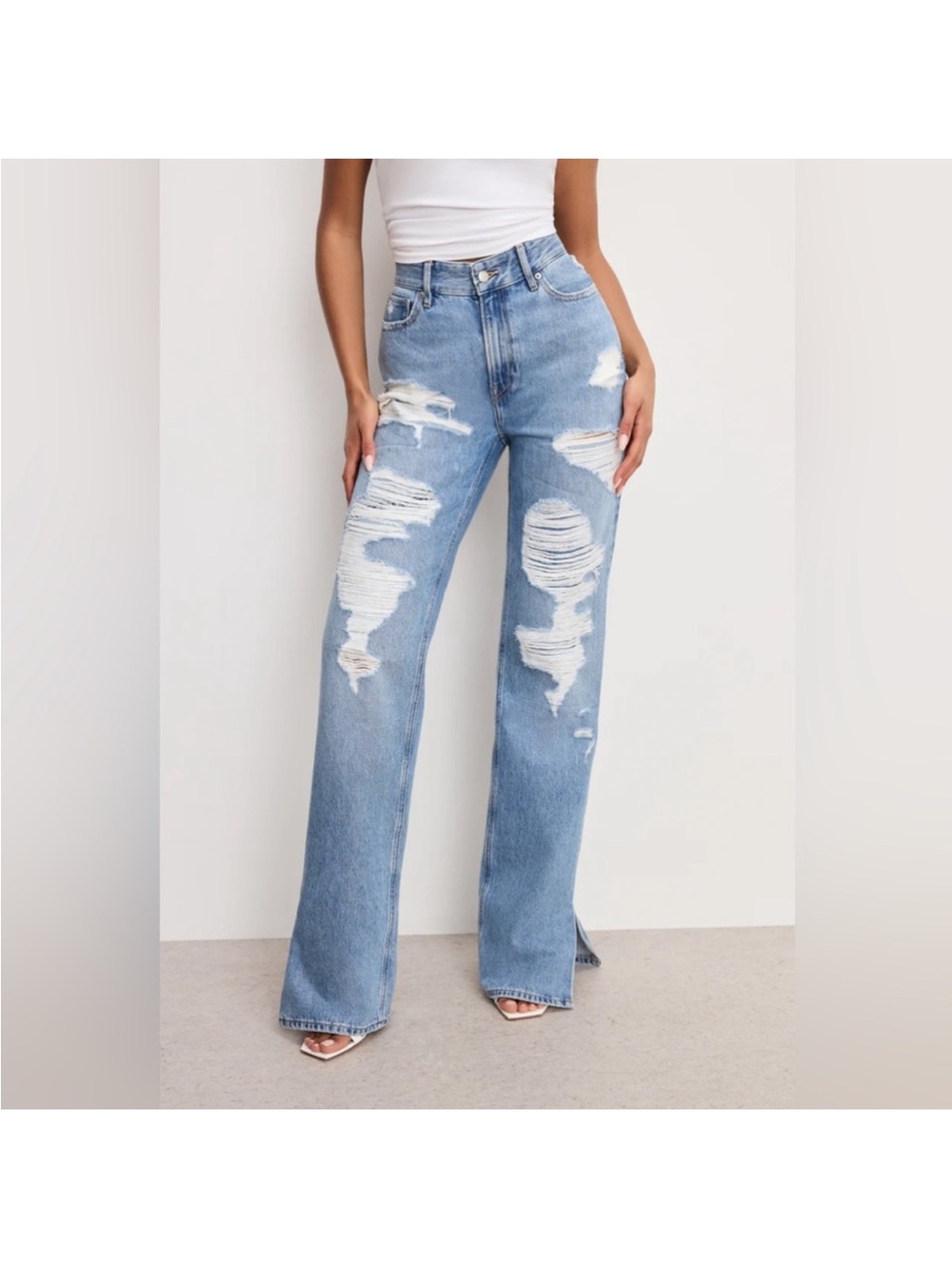 Good American Ripped Straight Leg Jeans - Blue